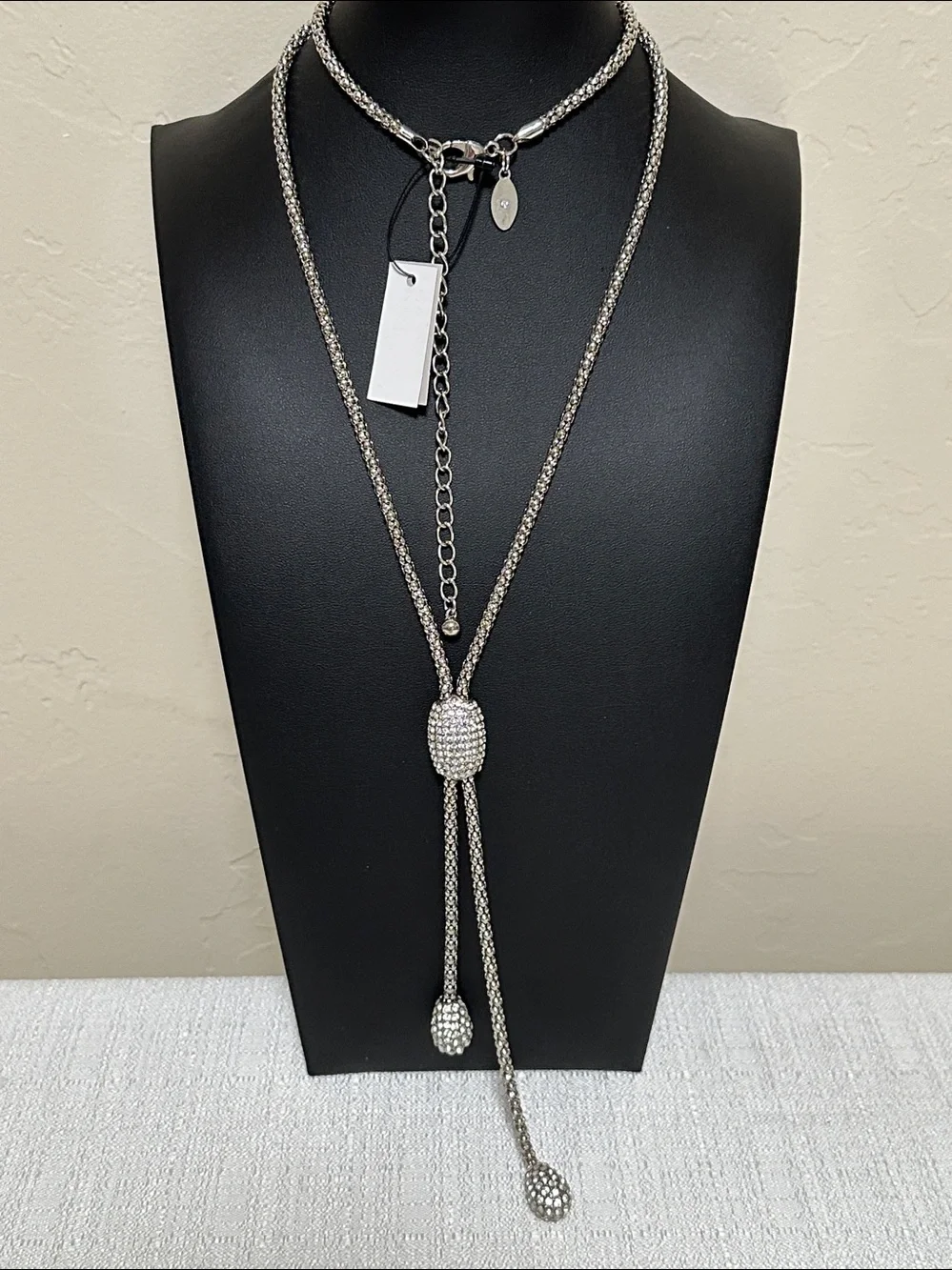 Chico’s Pave’ Crystal Pendant & Drops Silver Tone Y Lariat Necklace